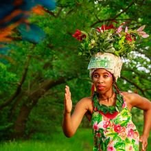 Woman running through a forest